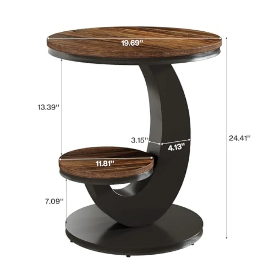 Round C‑Shaped End Table – 2‑Tier Wood Side Table with Metal Frame for Couch or Bedside