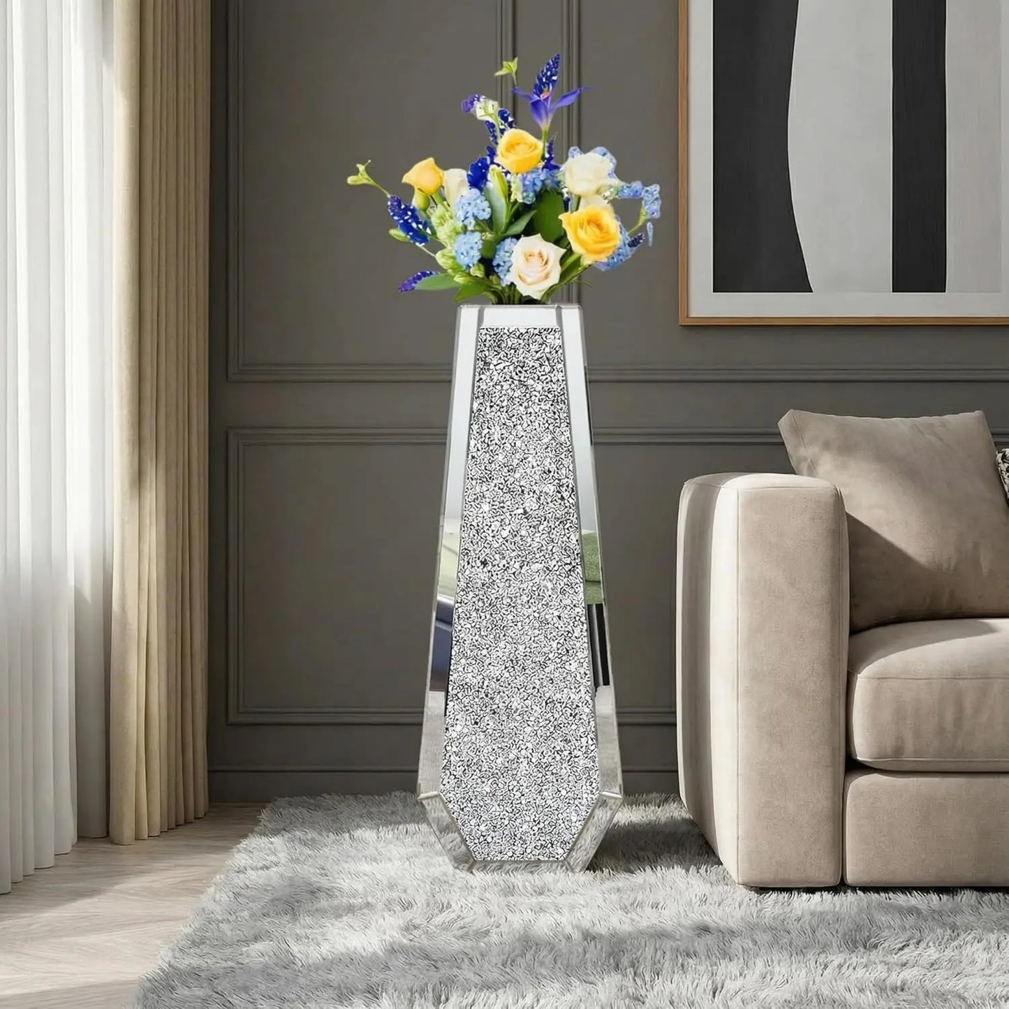 30" Large Crushed Diamond Mirrored Floor Vase – Double‑Sided Crystal Tall Decorative Vase for Home Décor