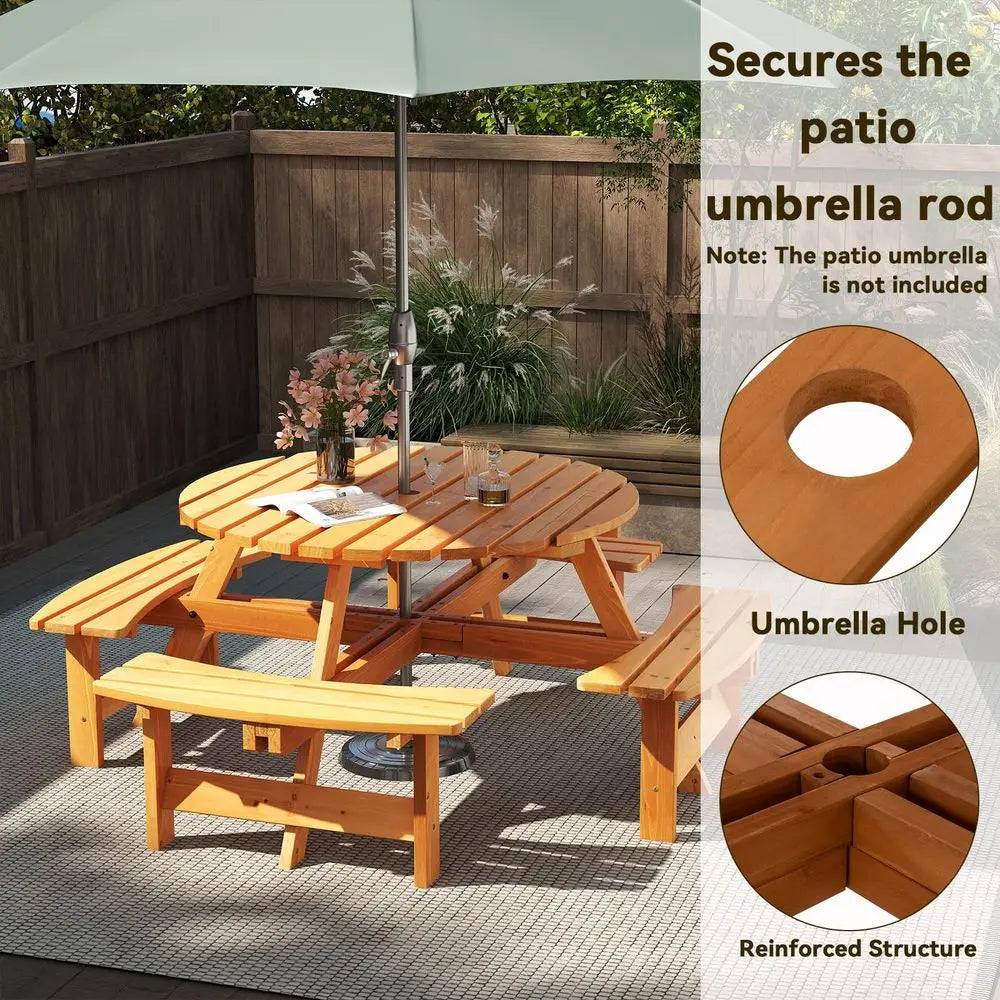 8‑Person Wood Picnic Table – Outdoor Round Table with 4 Built‑In Benches & Umbrella Hole