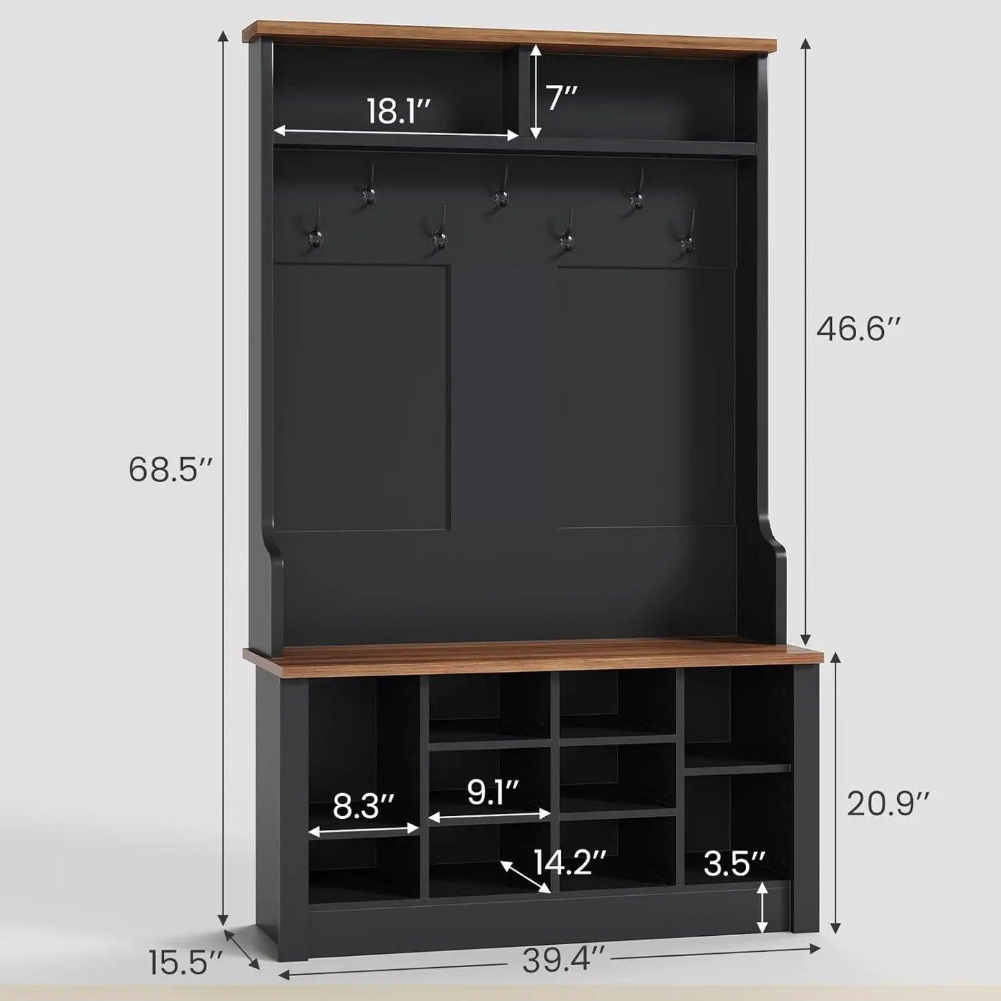 Hall Tree with Bench and Shoe Storage, 3-in-1 Entryway Bench