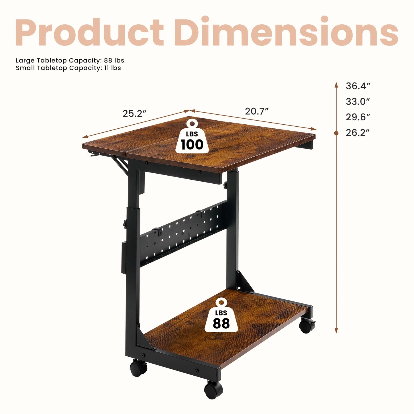 Mobile Sofa Side Desk – 25" Adjustable Rolling Computer Cart with 2 Tiers & Folding Panel