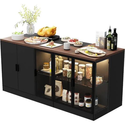 77.6" Kitchen Island with Storage & 3-Color Light with Glass Doors, Adjustable Shelf and Drawers
