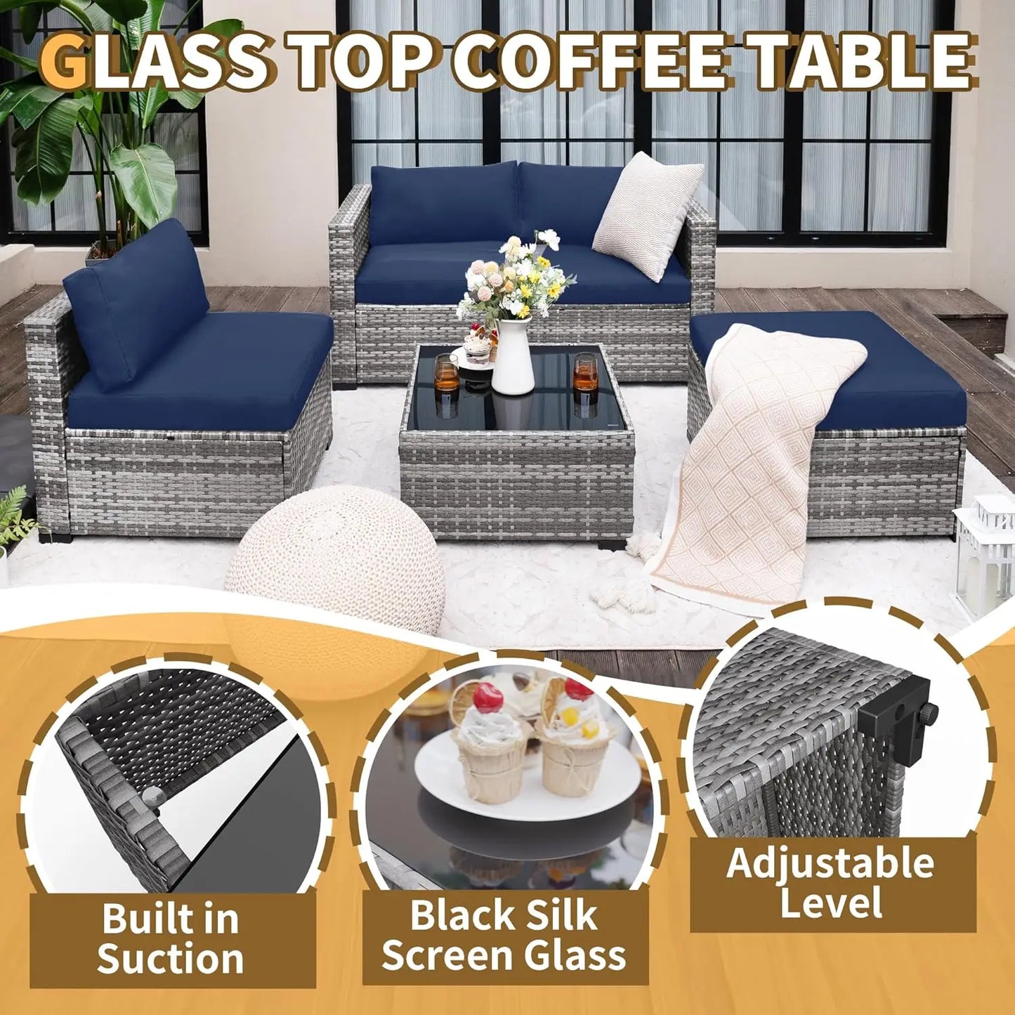 5 Piece Patio Furniture Set, All-Weather Wicker, L Shaped