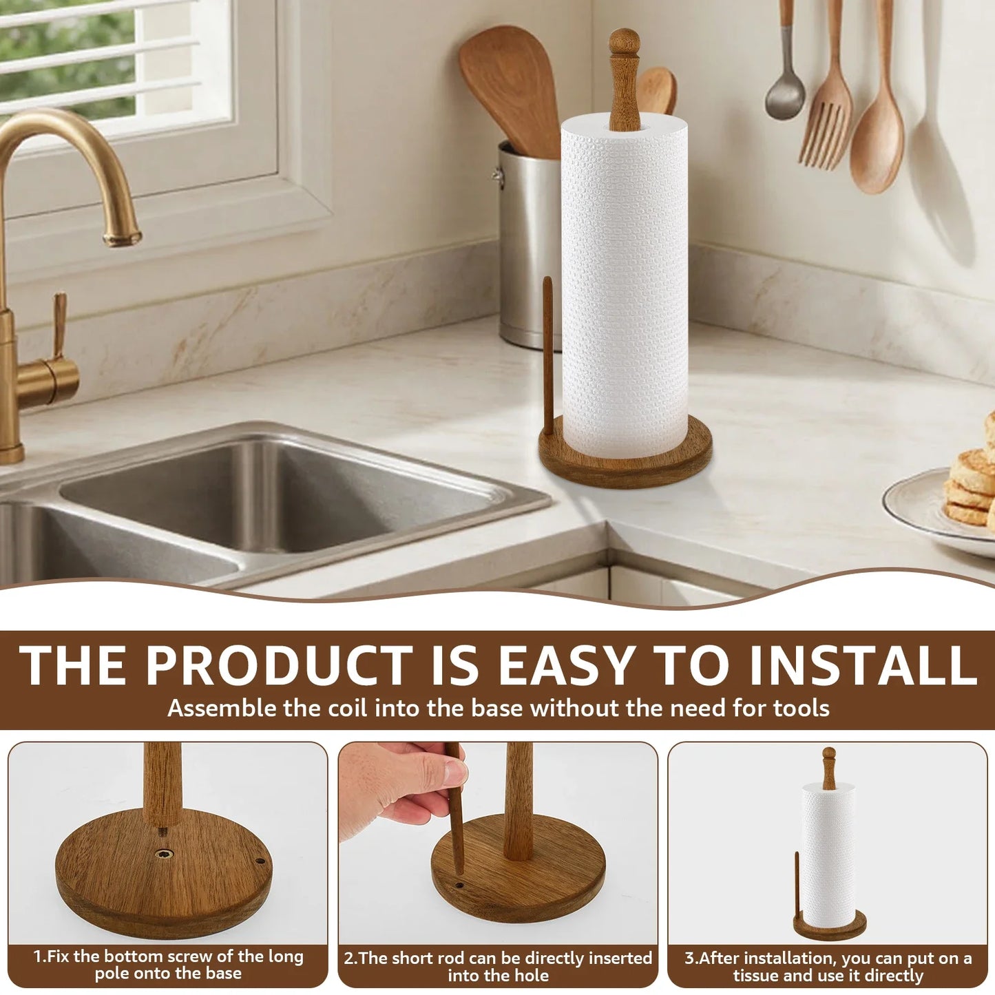 Vertical Wooden Paper Towel Holder – Countertop Roll Organizer with Anti-Skid Base for Kitchen Storage