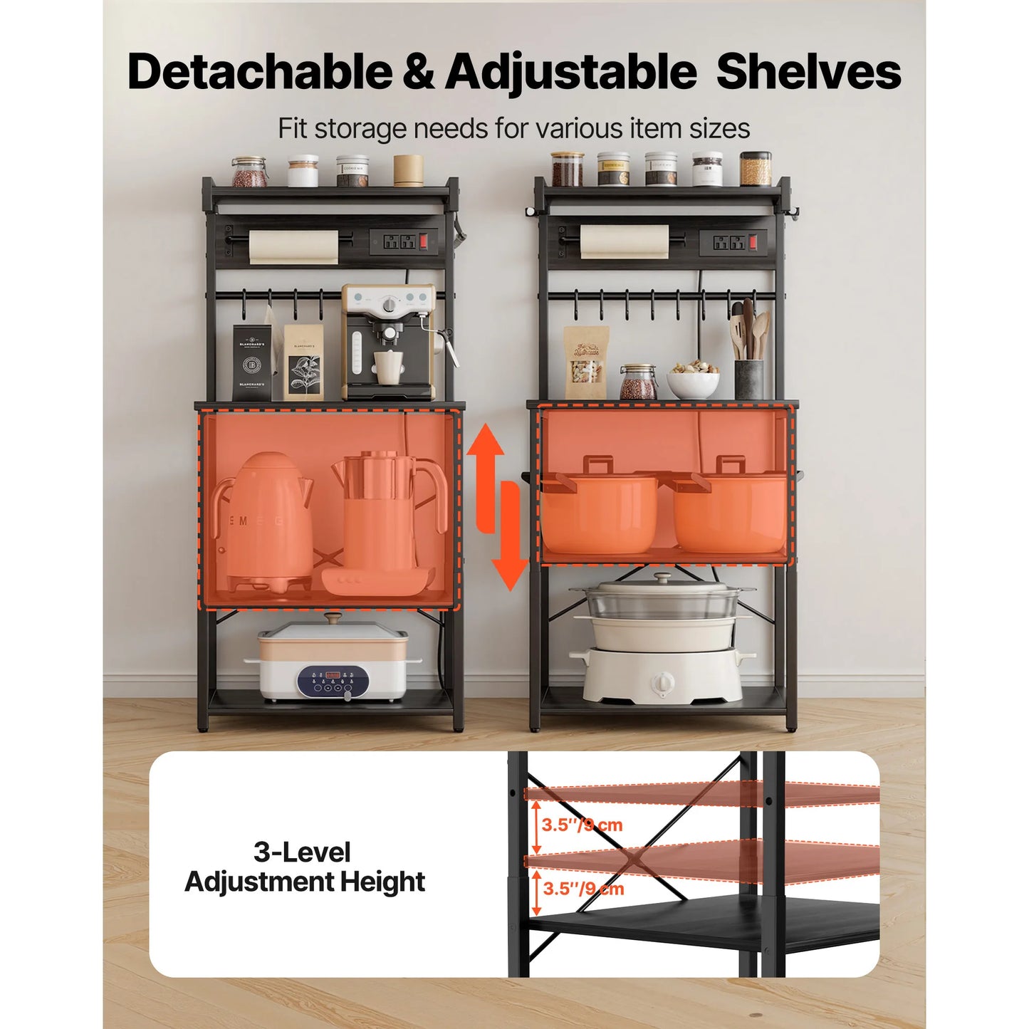 Power Bakers Rack with Support Bar – Kitchen Storage Shelf with Hooks for Dishes & Spice Bottles