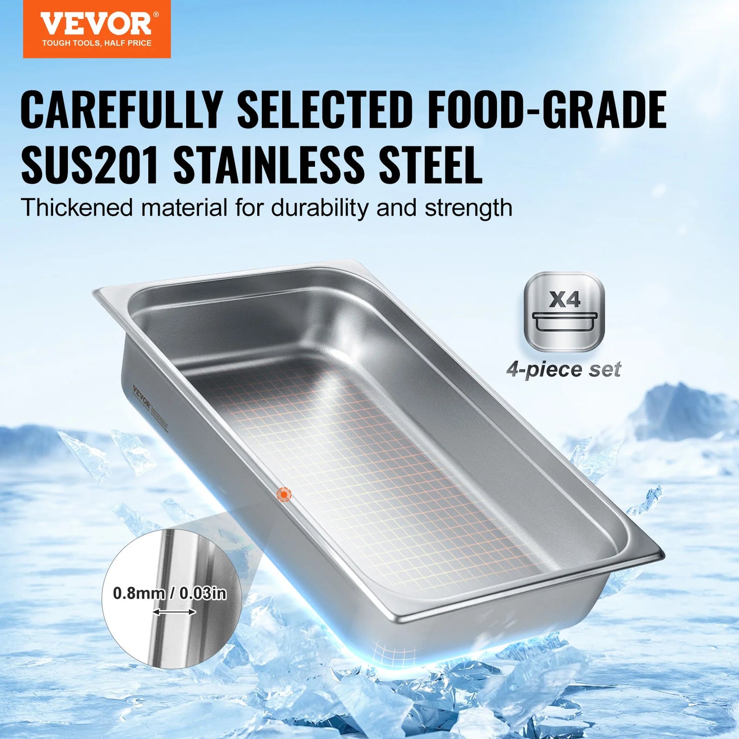 Stainless Steel Hotel Pans – 4‑Pack Full‑Size Anti‑Jam Steam Table Pans with Lids