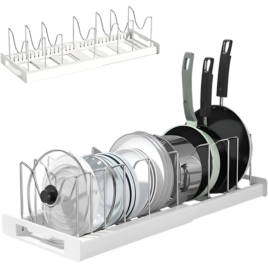 Expandable Pot & Pan Organizer – Adjustable 12-22" Rack with 7 Stainless Steel Dividers