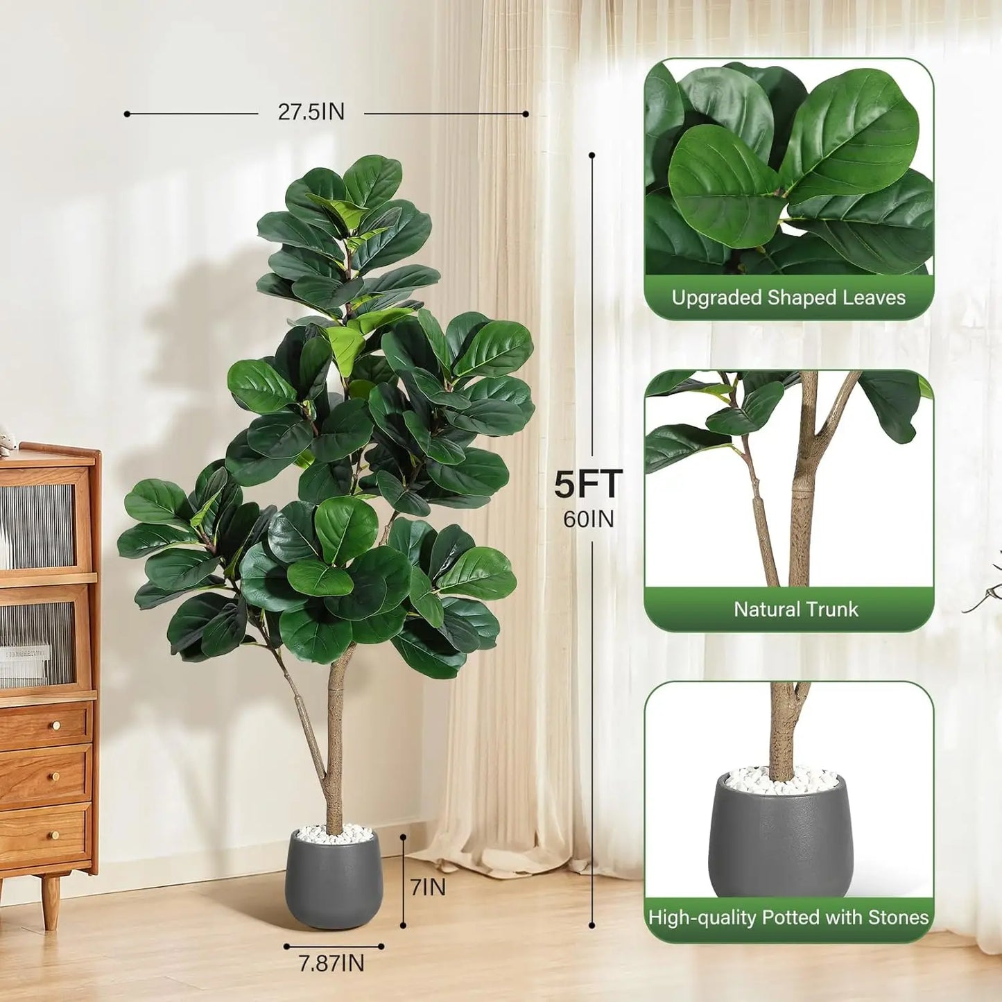 4–7FT Artificial Fiddle Leaf Fig Tree – Realistic Faux Ficus Lyrata with Lush Leaves in White Planter Pot