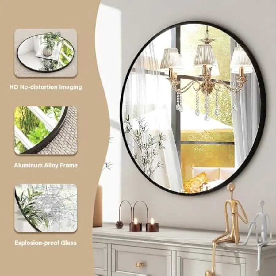 Modern Round Wall Mirror – Matte Black Aluminum Frame (30")