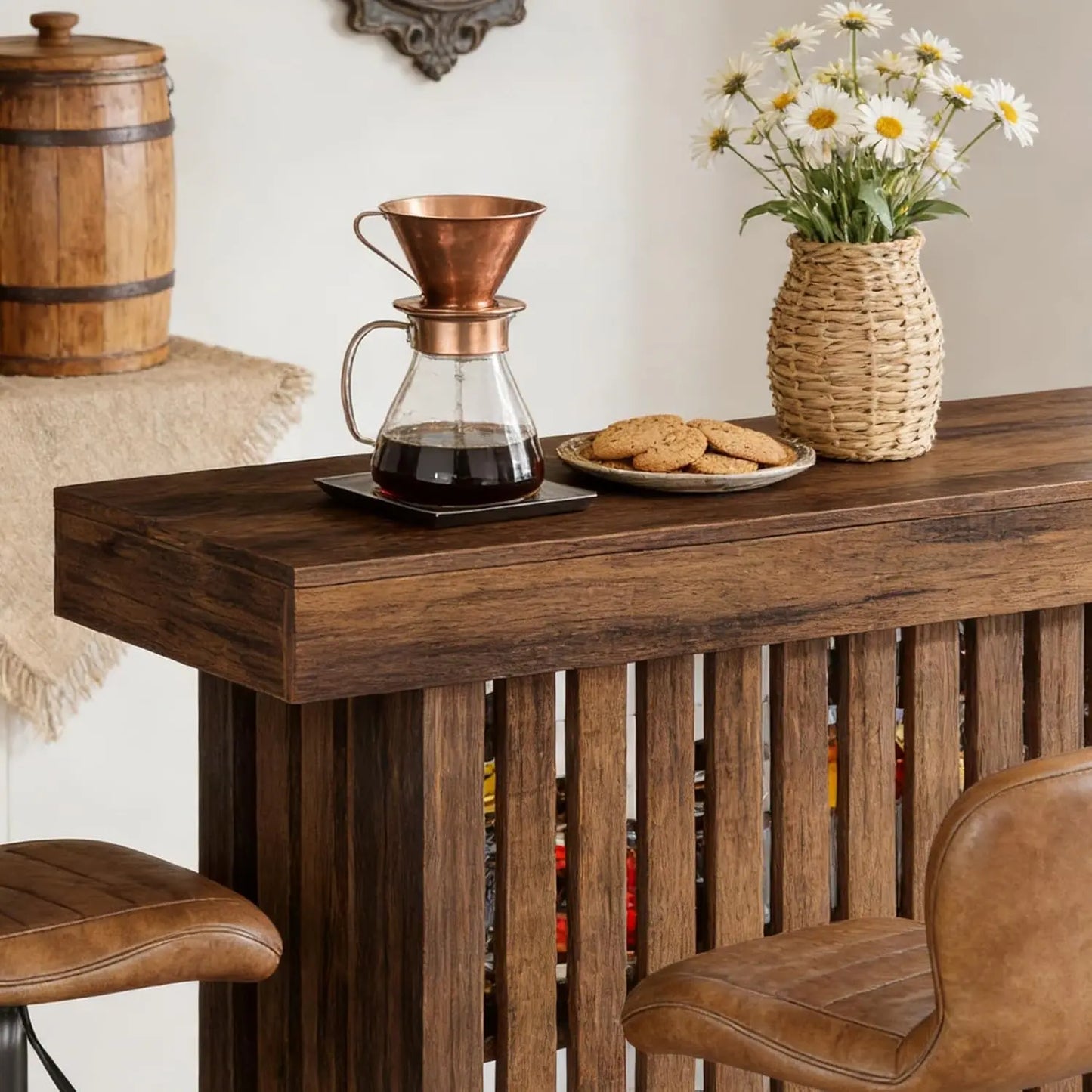 63" Counter Height Bar Table with Footrest 2-Tier Storage Shelf