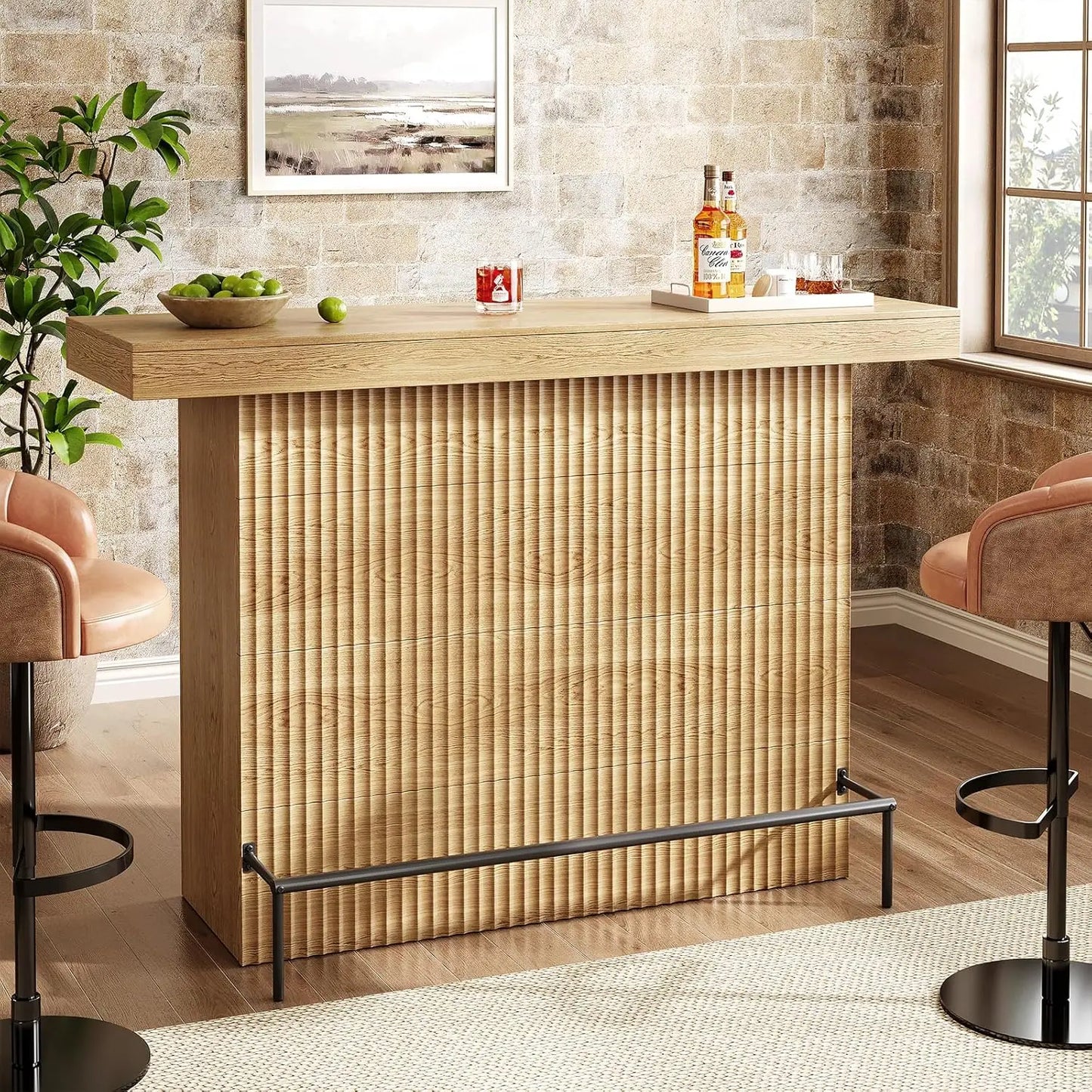 63-Inch Bar Table, 2-Tier Wooden Home Bar Unit with Black Footrest