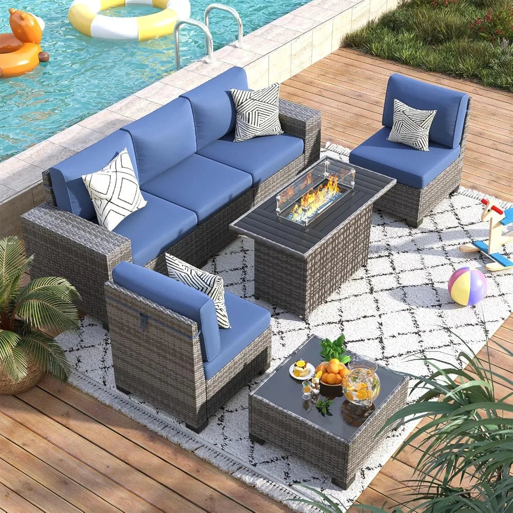 7 Piece Patio Furniture Set With Fire Pit Table, Outdoor , Wicker Rattan
