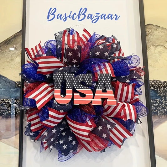 24" Patriotic Wreath – Red, White & Blue USA Flag Design with Stars, Stripes & Lettering