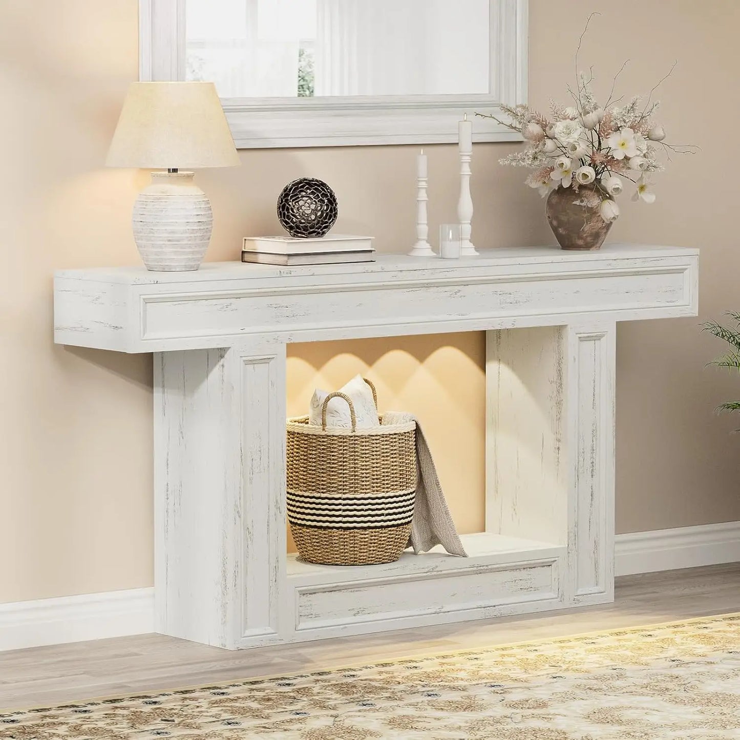 63" Console Table, 2-Tier Entryway Table with Sensor Lights
