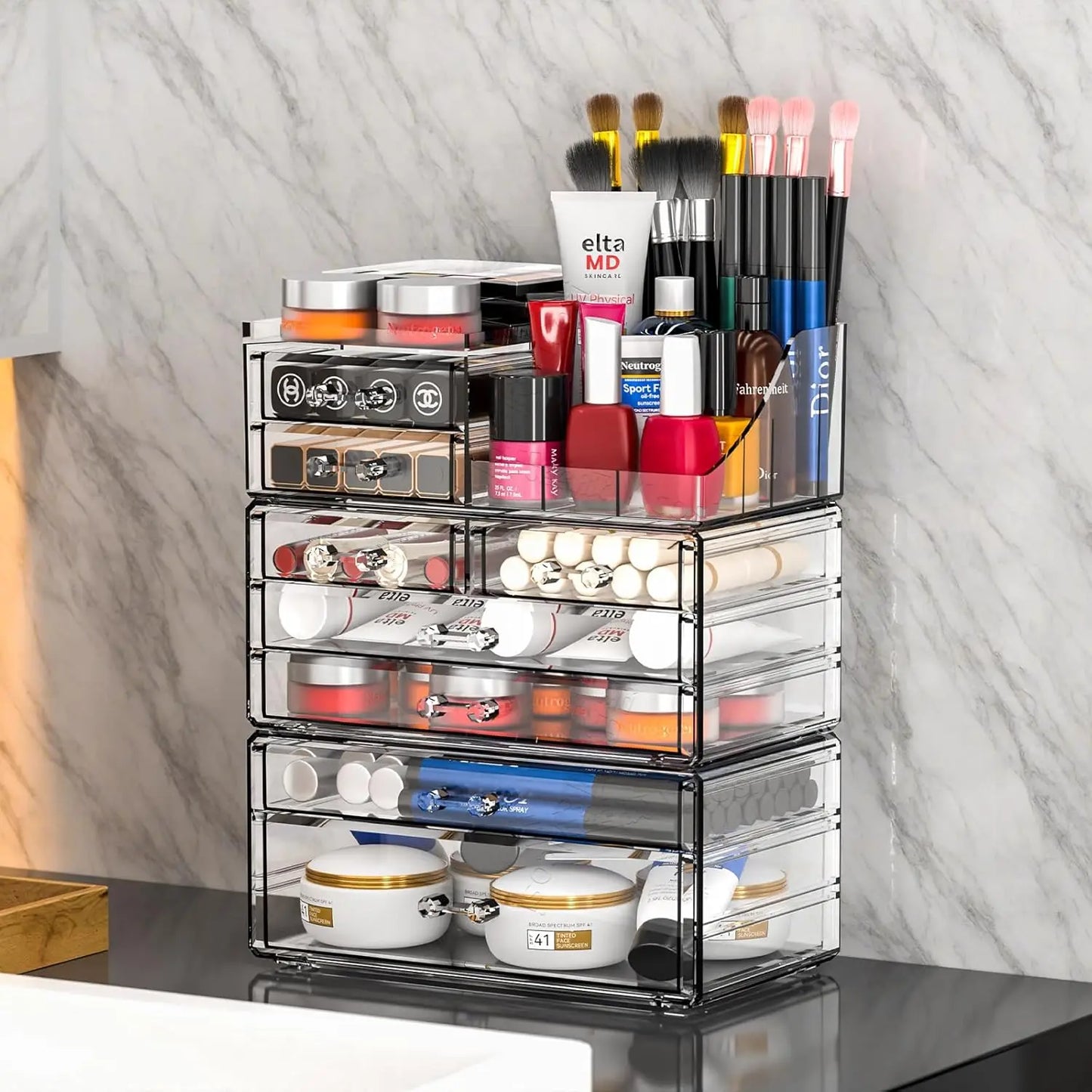8-Drawer Clear Acrylic Makeup Organizer with Stackable Design