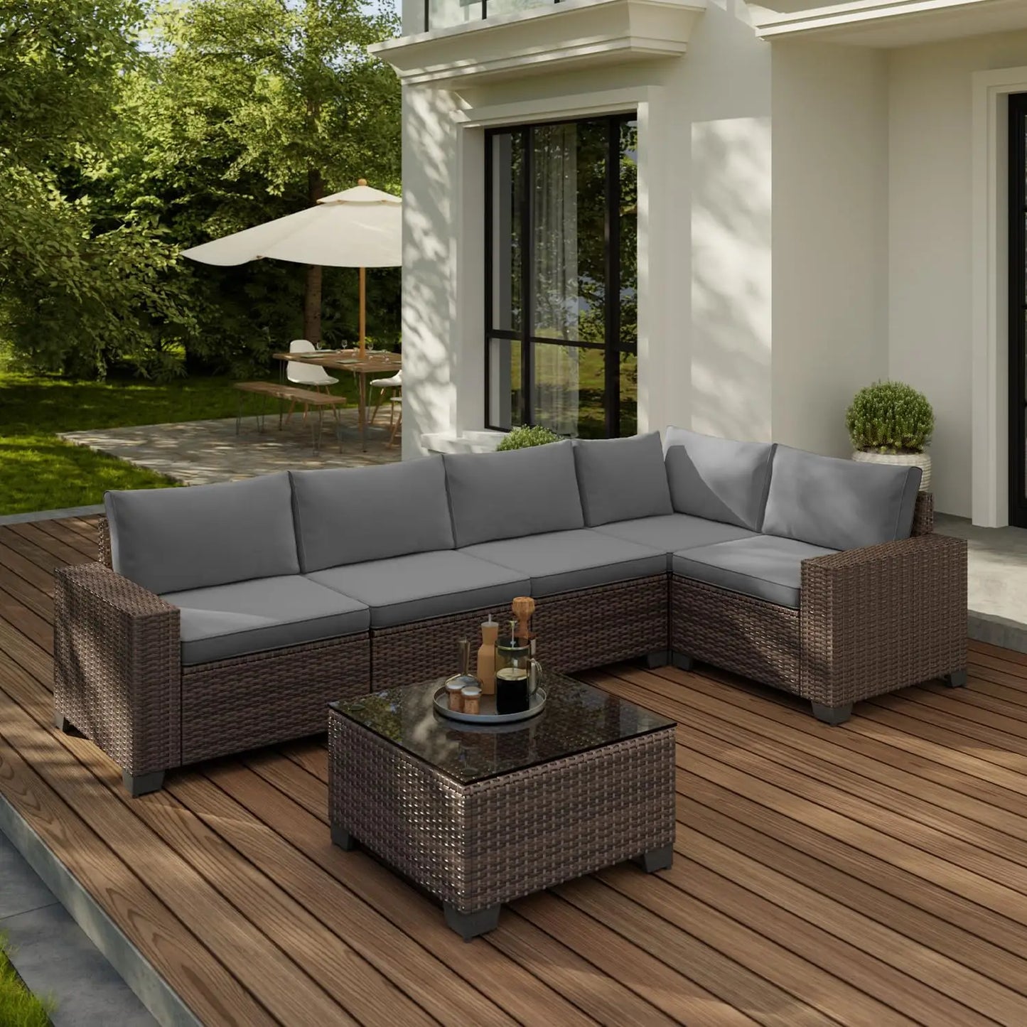 Outdoor Patio 6 Piece Sectional Sofa, All Weather Wicker Rattan