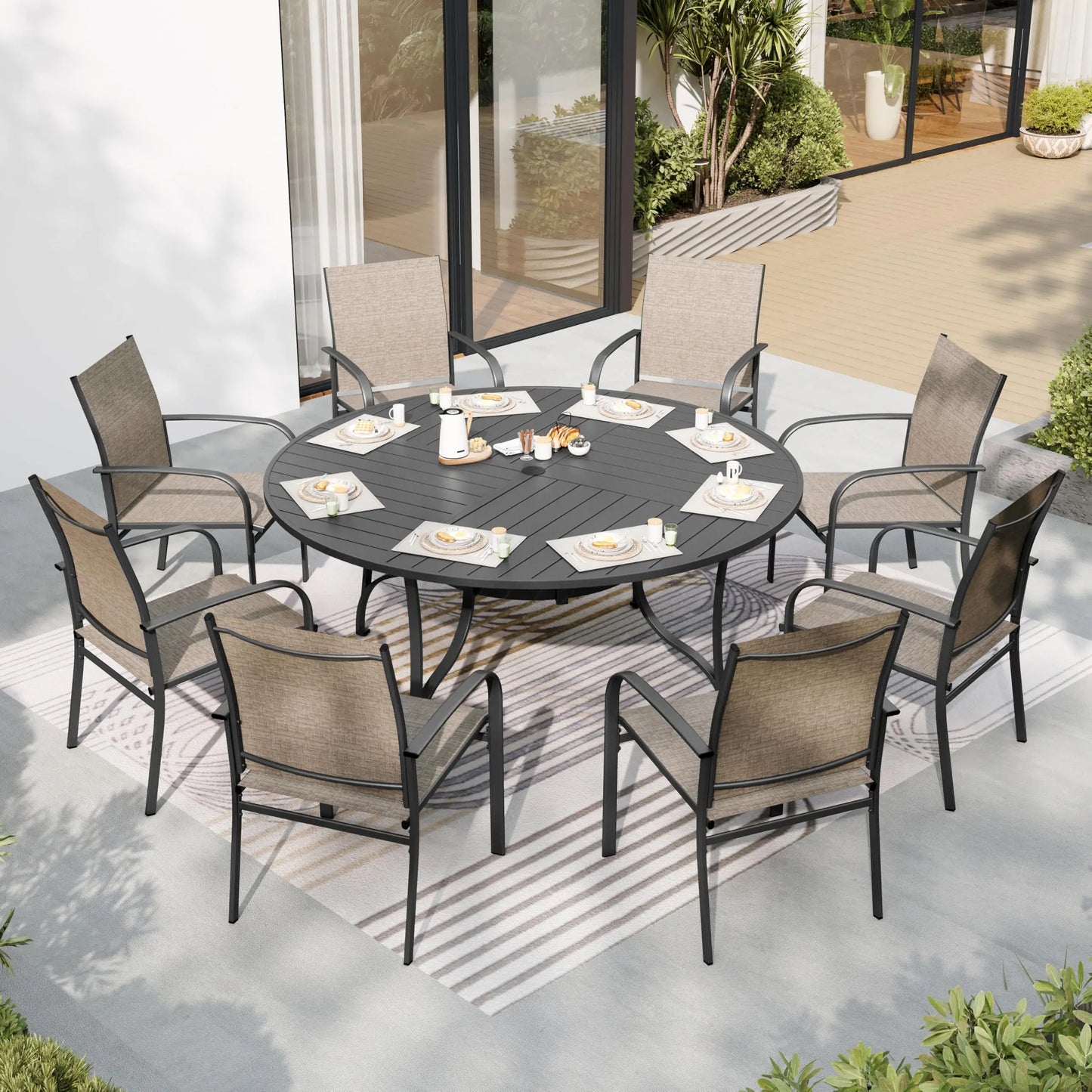 Outdoor Patio Dining Set (5/9/10‑Piece) – Square Table with Umbrella Hole & Metal Brown Chairs