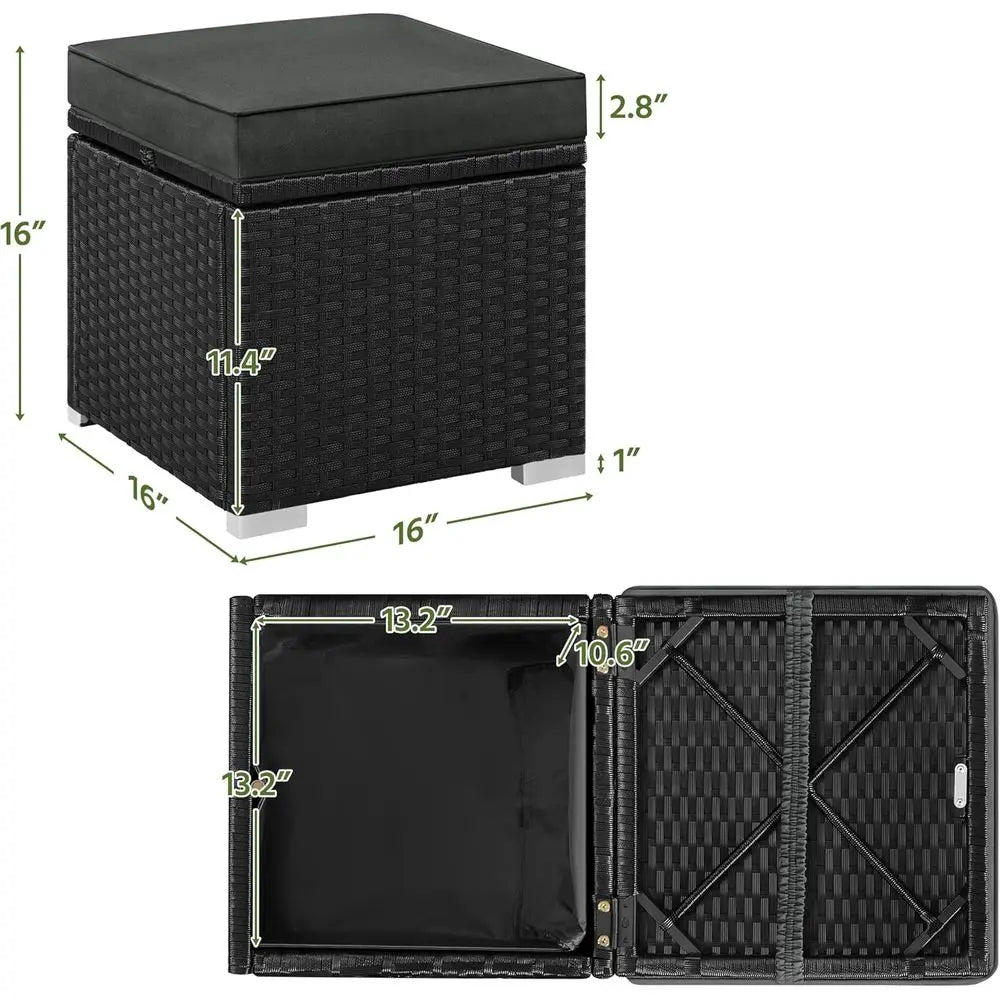Wicker Ottomans, Set of 2 Patio Rattan Side Tables with Hidden Storage & Removable Cushion