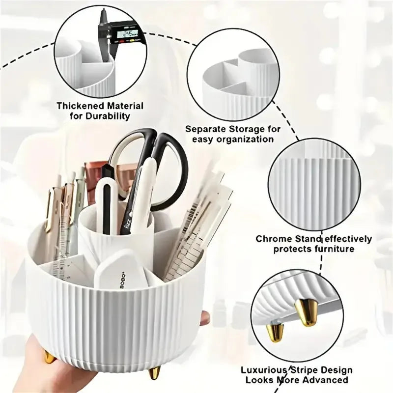360° Rotating Makeup Organizer with 5 Compartments - Multi-Functional Holder for Brushes