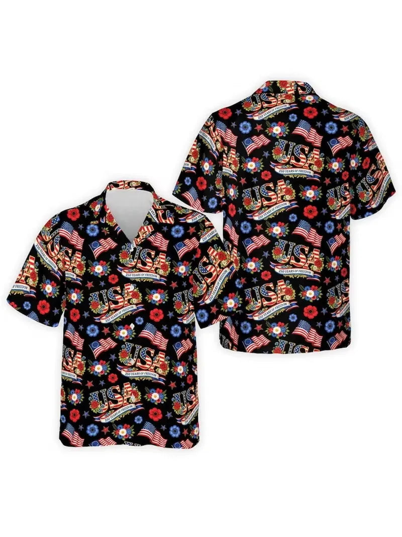 Men's 250th Anniversary US  American Flag Print Short Sleeve Button Down Shirt