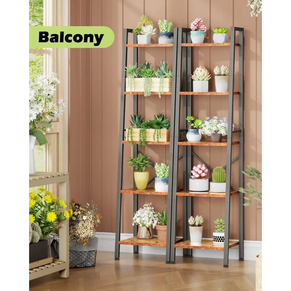 5-Tier Leaning Ladder Shelf Bookcase | Tall Narrow Storage Rack with Hooks