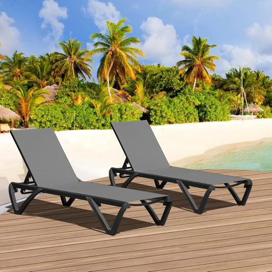 Lounge Chairs Set of 2, Aluminum Adjustable Outdoor Chaise Lounge with Wheels, All Weather