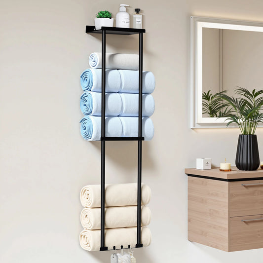 3‑Tier Wall‑Mounted Towel Holder – Bathroom Shelf with 6 Hooks for Towels & Accessories
