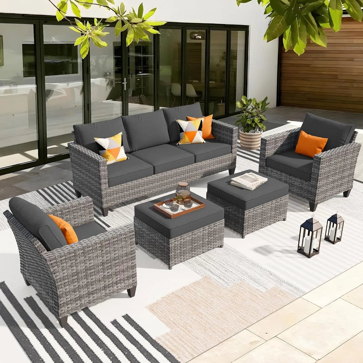 5 Piece Patio Outdoor Wicker Furniture Set - Sofa Couch With Chairs and Ottomans
