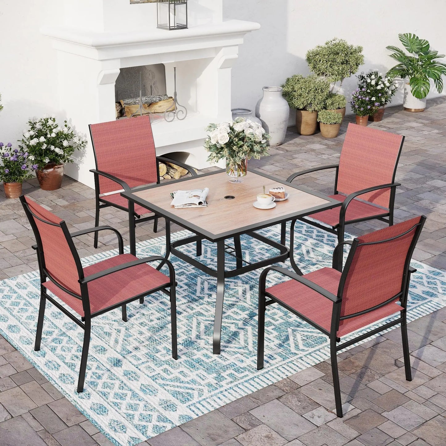 Outdoor Patio Dining Set (5/9/10‑Piece) – Square Table with Umbrella Hole & Metal Brown Chairs