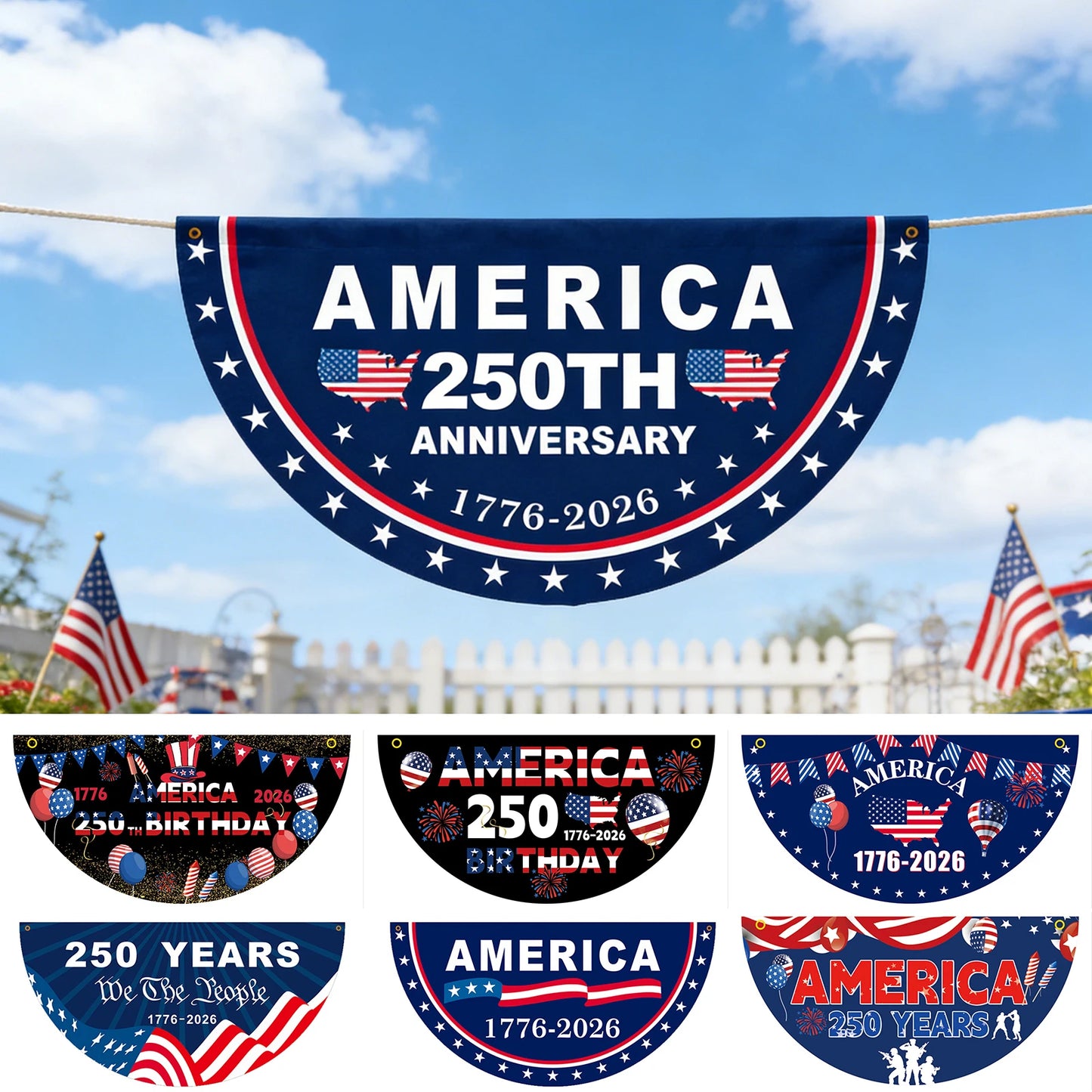 America 250th Anniversary Fan-Shaped Flag Bunting Banner – 1776–2026 Patriotic Indoor/Outdoor Porch & Yard Decor