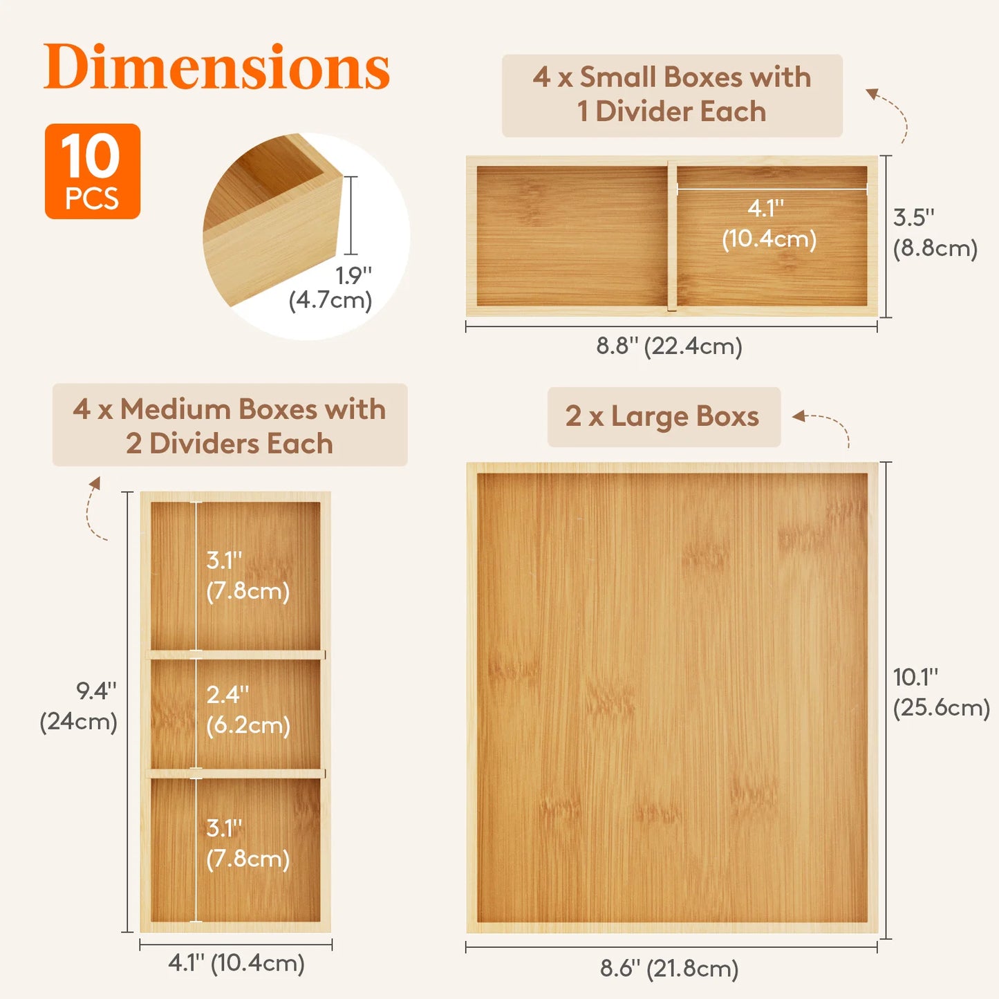 Adjustable Bamboo Wooden Drawer Dividers, Stackable Storage Box