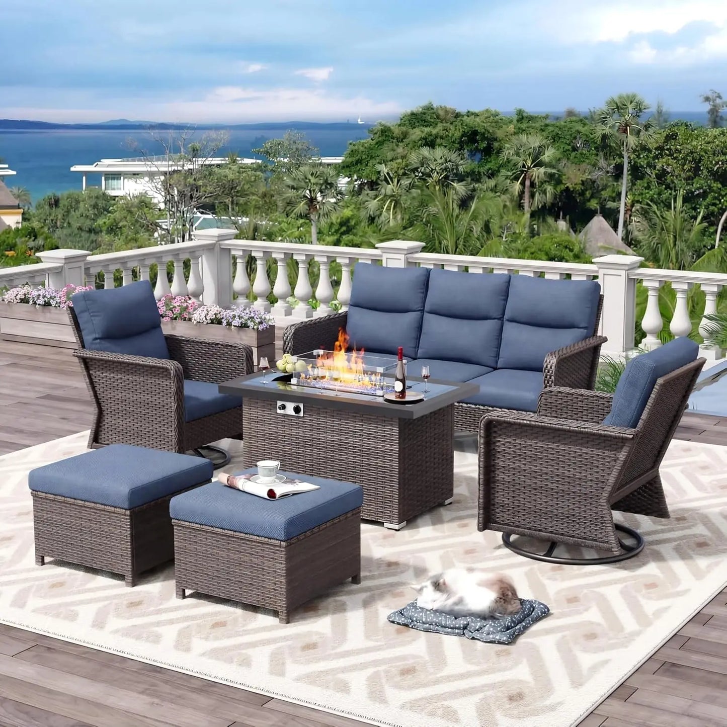 7‑Seat Patio Furniture Set – 44" Gas Fire Pit Table with Wicker Swivel Chairs, Sectional Sofa & Glider