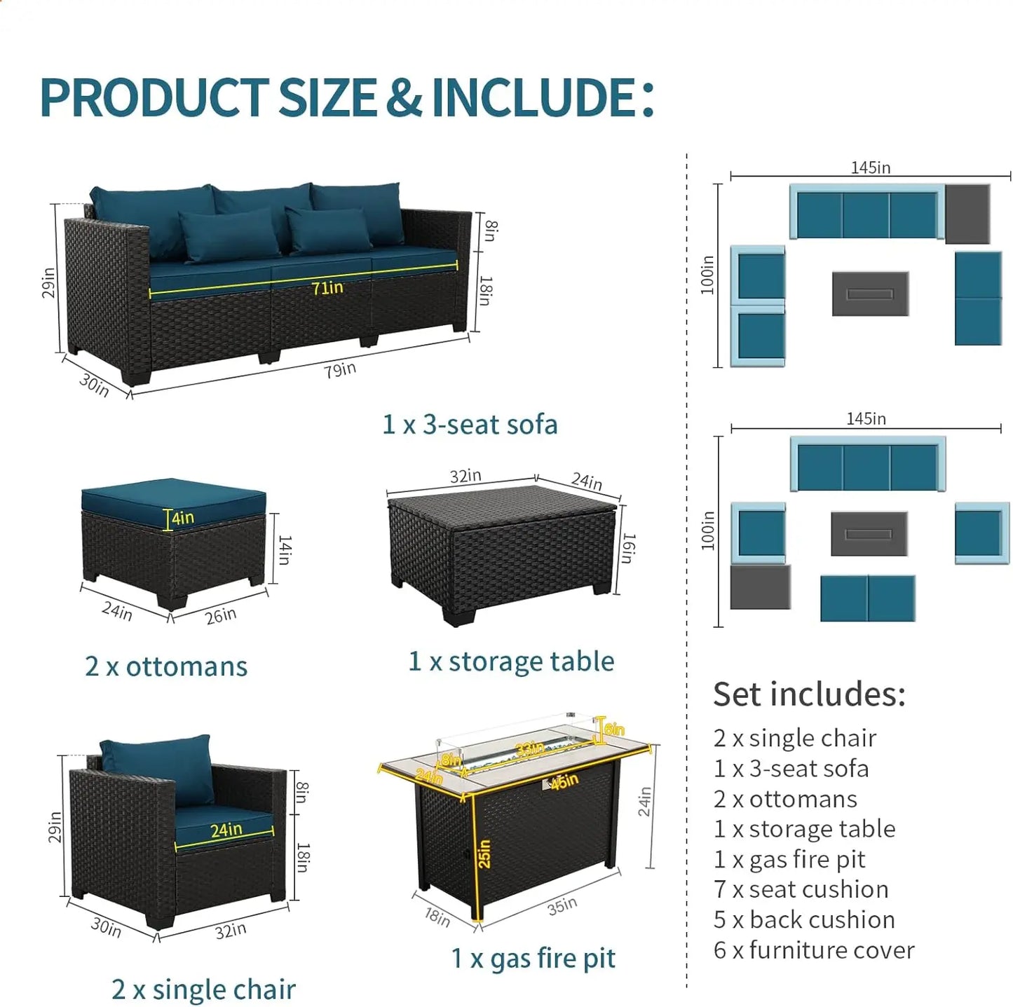7‑Piece Patio Furniture Set with 60,000 BTU Propane Fire Pit Table – 45" Outdoor Rattan Sofa Set