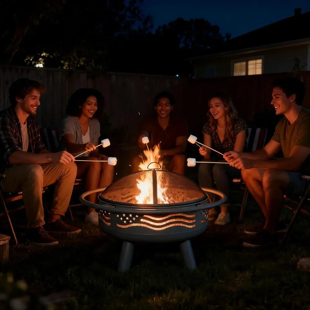 32" American Flag Fire Pit – Round Metal Wood‑Burning Firepit with Mesh Cover & Poker