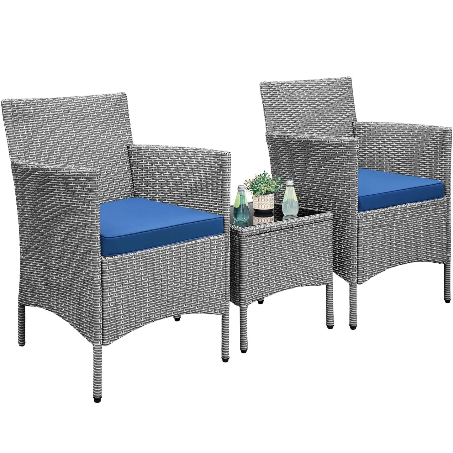 3-Piece Outdoor Patio Set: Rattan Chairs, Cushions, & Glass Top Table