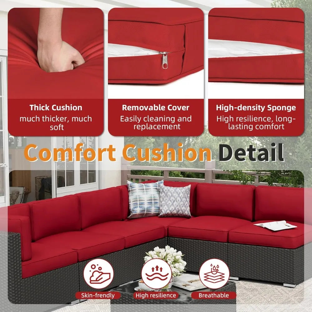 7-Piece Outdoor Patio Sofa Set - Black Rattan Wicker Set with Glass Top Table and Cushions(Red)