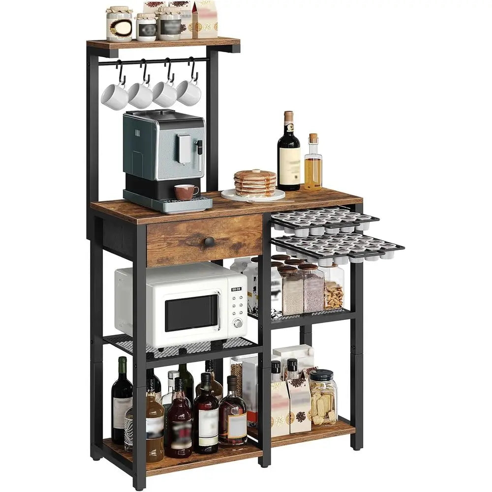 5‑Tier Bakers Rack with Storage Drawer – Coffee Bar Station with Pod Holder