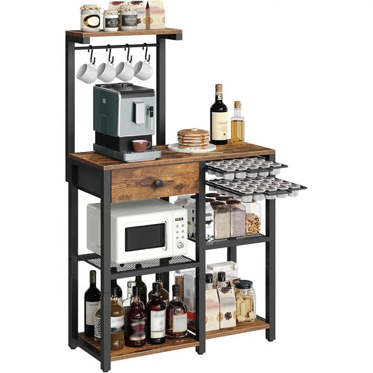 5‑Tier Bakers Rack with Storage Drawer – Coffee Bar Station with Pod Holder
