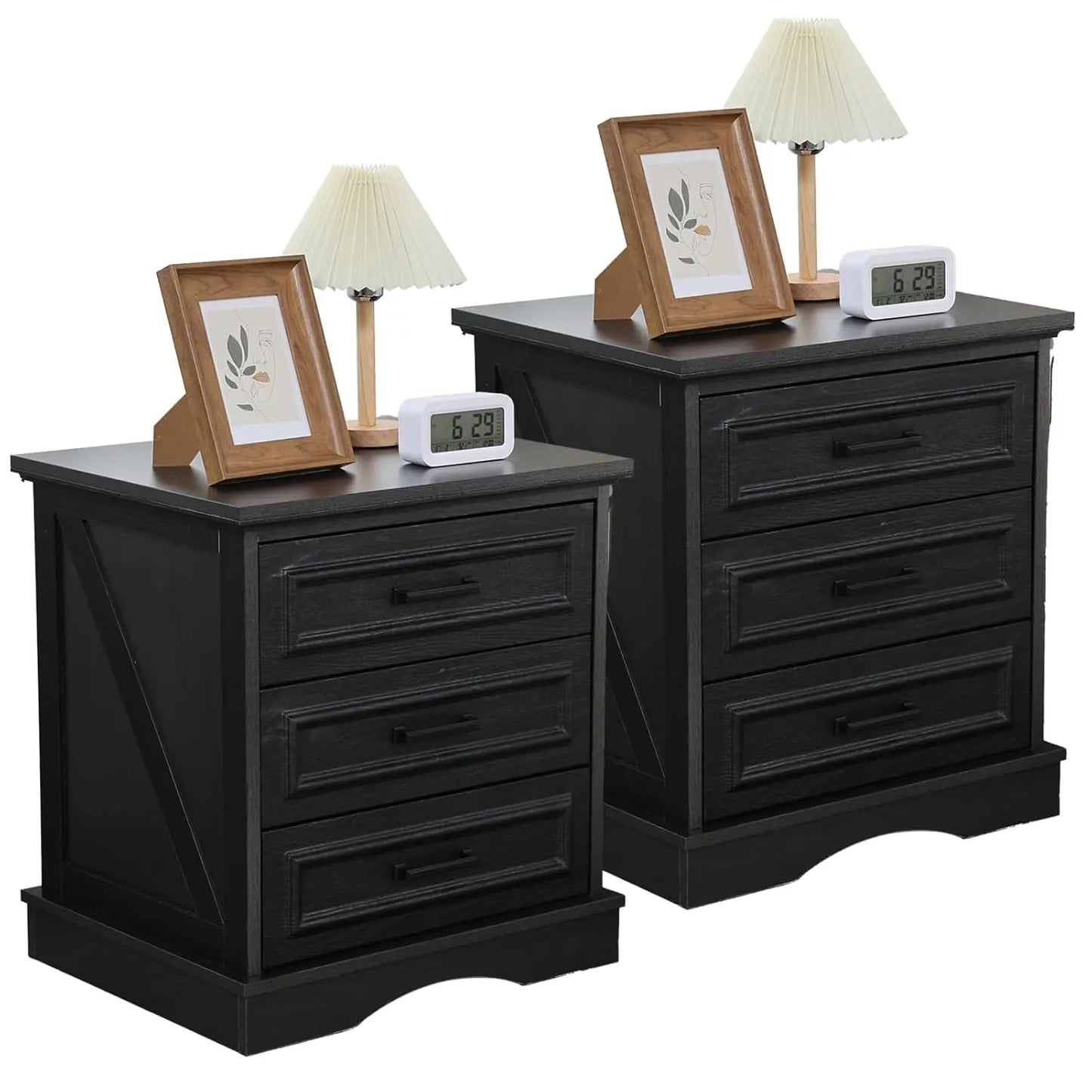 Farmhouse Nightstand Set of 2 – Wood Bedside Tables with Charging Station and 2 or 3 Drawers
