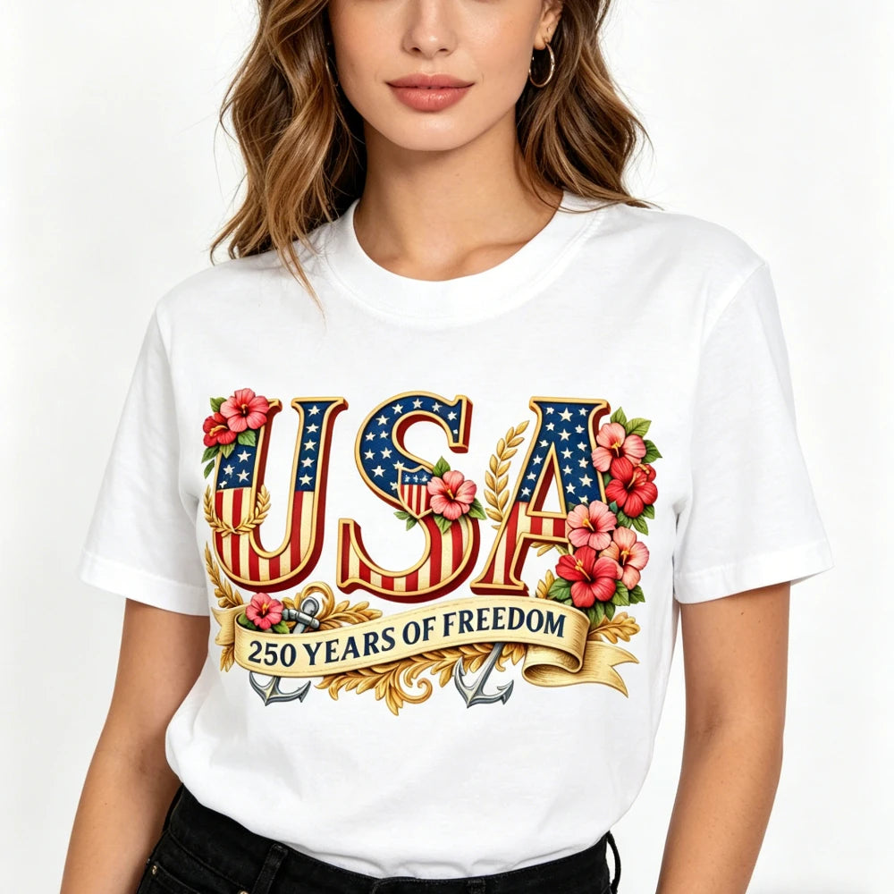 USA 250th Freedom - Women Crewneck Cotton Short Sleeve T Shirt