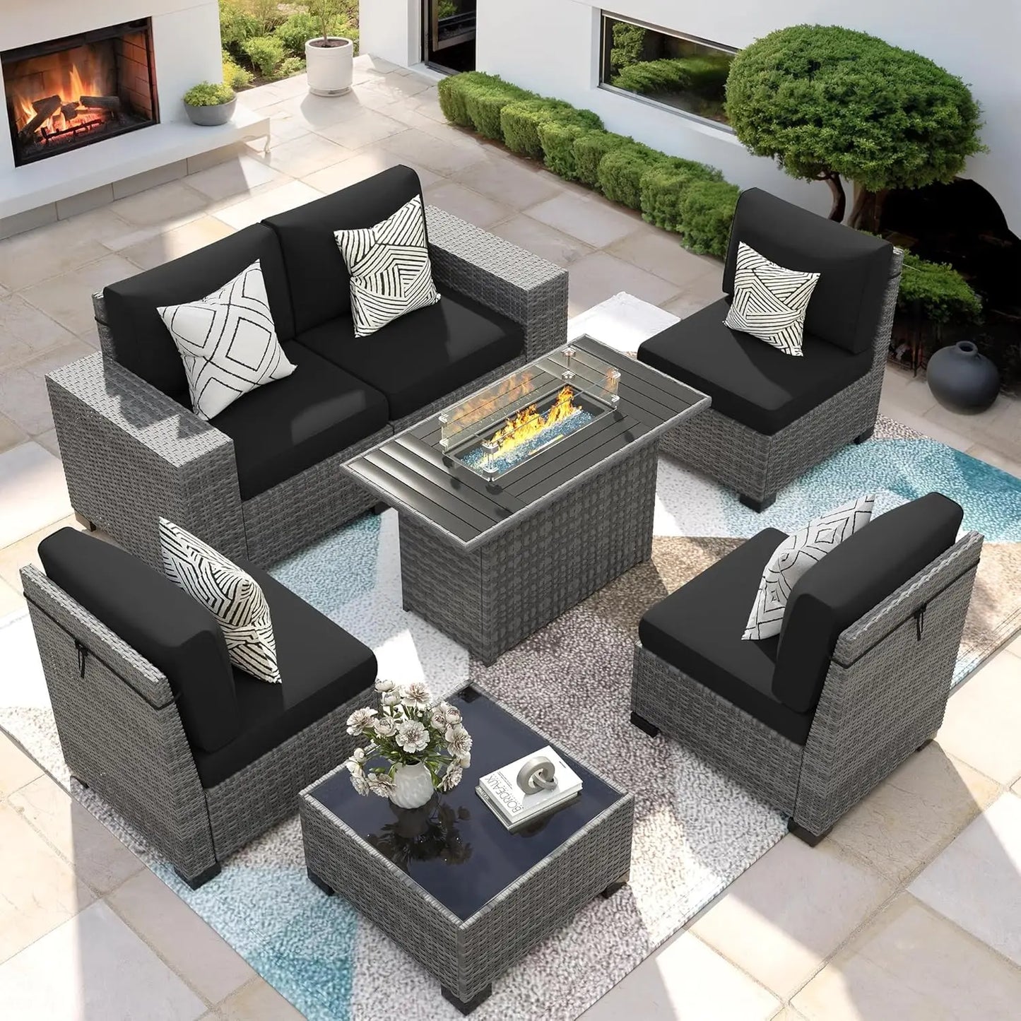 7 Piece Patio Furniture Set With Fire Pit Table, Outdoor , Wicker Rattan
