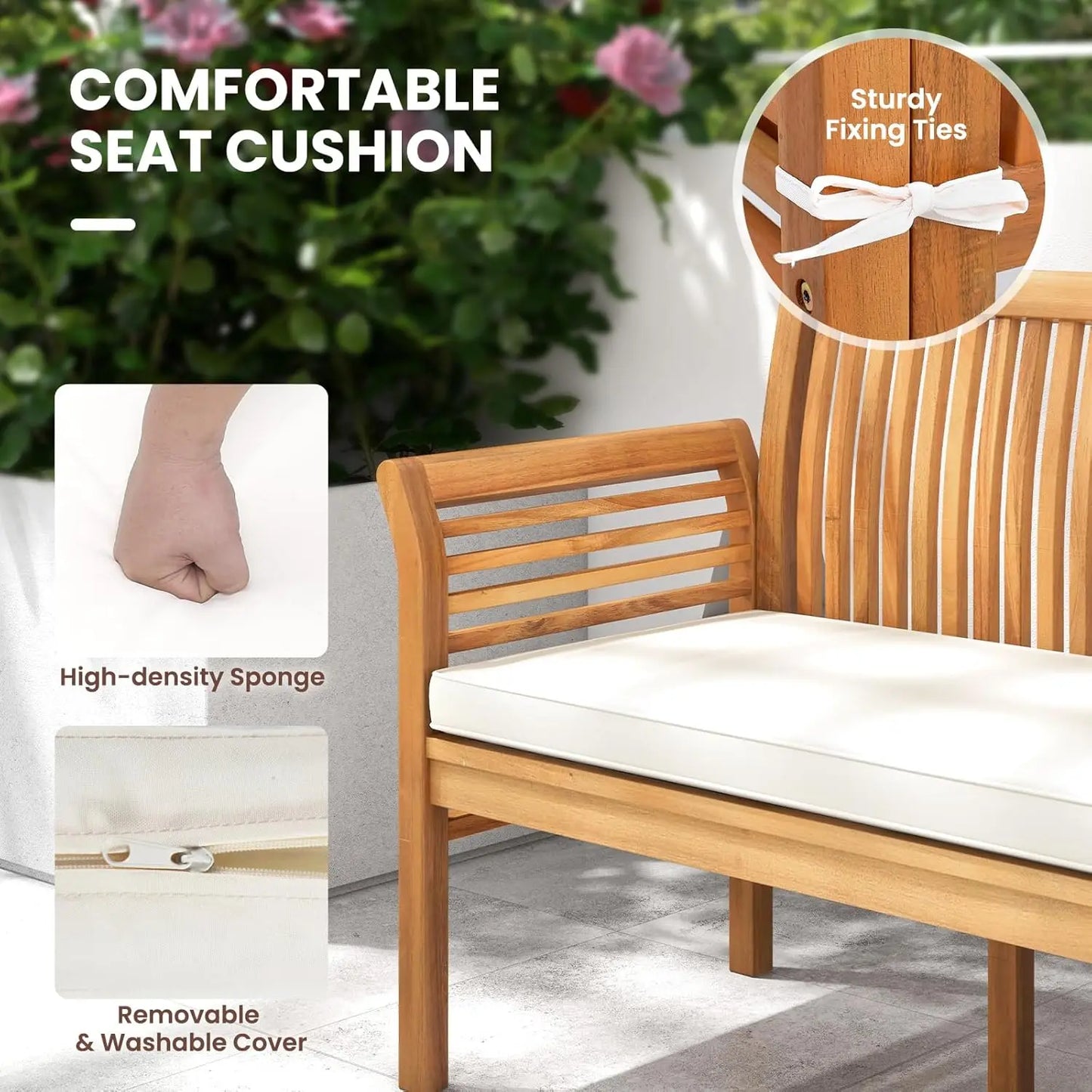 Wooden Outdoor Bench with Cushion Curved Armrest Slatted Back, 23x62.5x30.5,