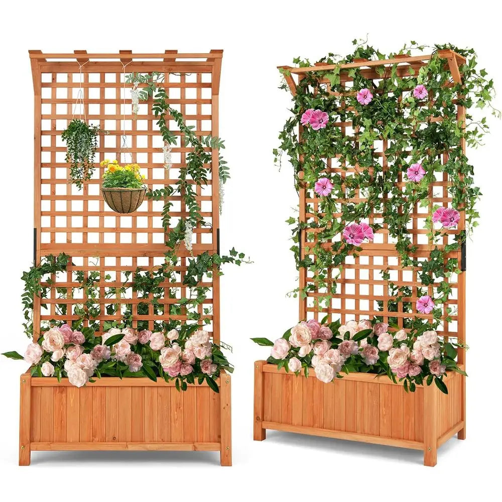 72.5 Tall Wooden Planter Box with Trellis, Hanging Bar, Drainage, and Lattice Panel for Climbing Plants