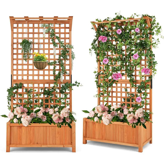 72.5 Tall Wooden Planter Box with Trellis, Hanging Bar, Drainage, and Lattice Panel for Climbing Plants