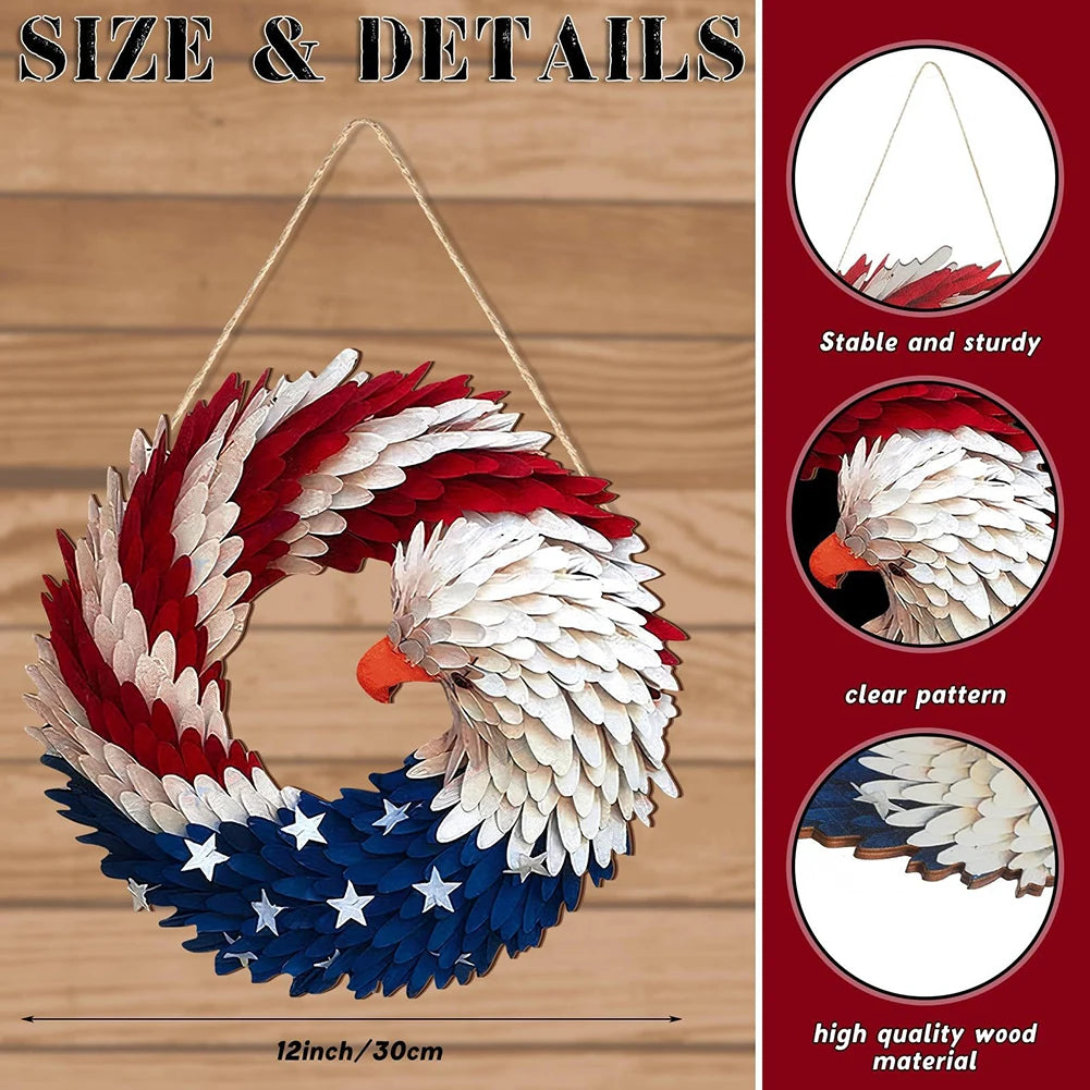 Independence Day Front Door Sign - Wall Hanging Round Wooden Plaque Patriotic Decor Garland