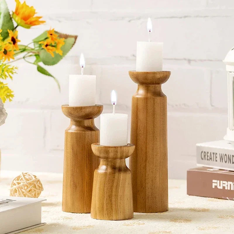 Hand‑Carved Wooden Pillar Holders – Artisanal Solid Wood Candle Stands (Set of 3)