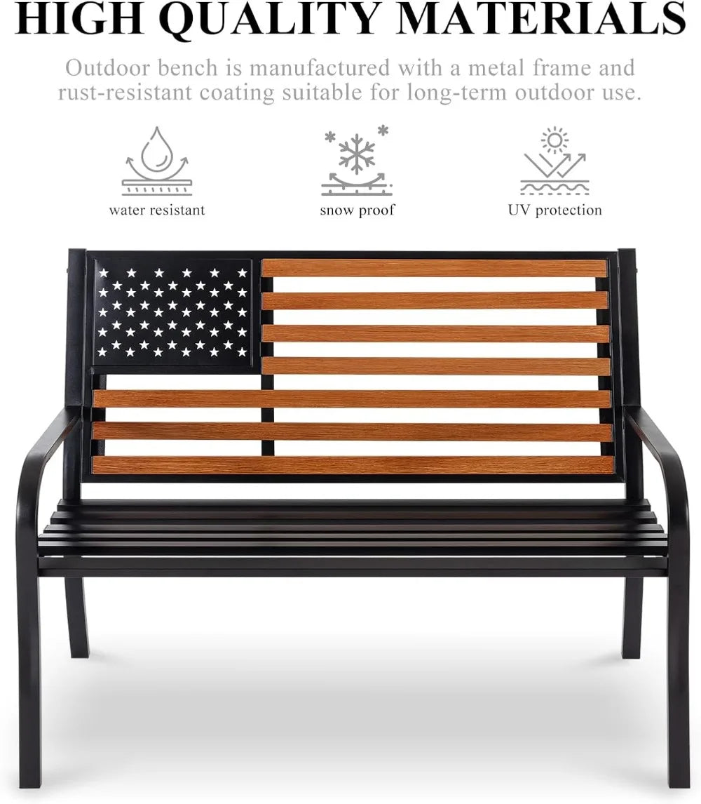 50" Outdoor Garden Bench, Cast Iron Frame, Weatherproof Seat, Classic Americana Backrest, Black & Woodgrain Colors