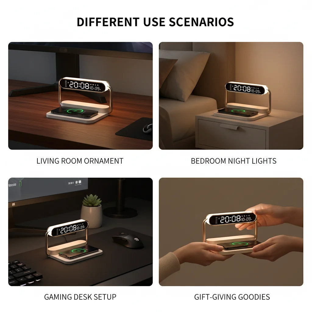3-in-1 Bedside Charging Hub – Minimalist Alarm Clock & Dimmable Night Light