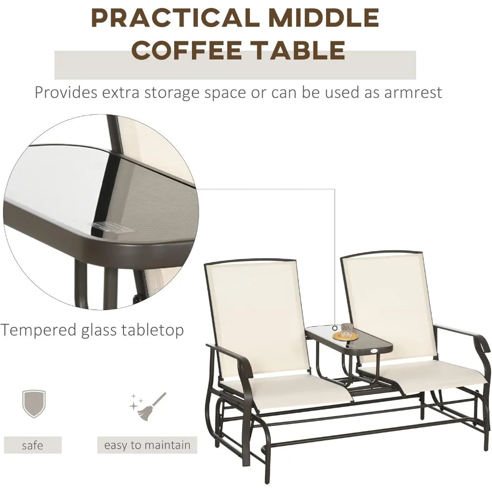 Outdoor Glider Bench with Center Table, Metal Frame Patio Loveseat, Breathable Mesh Fabric, with Armrests