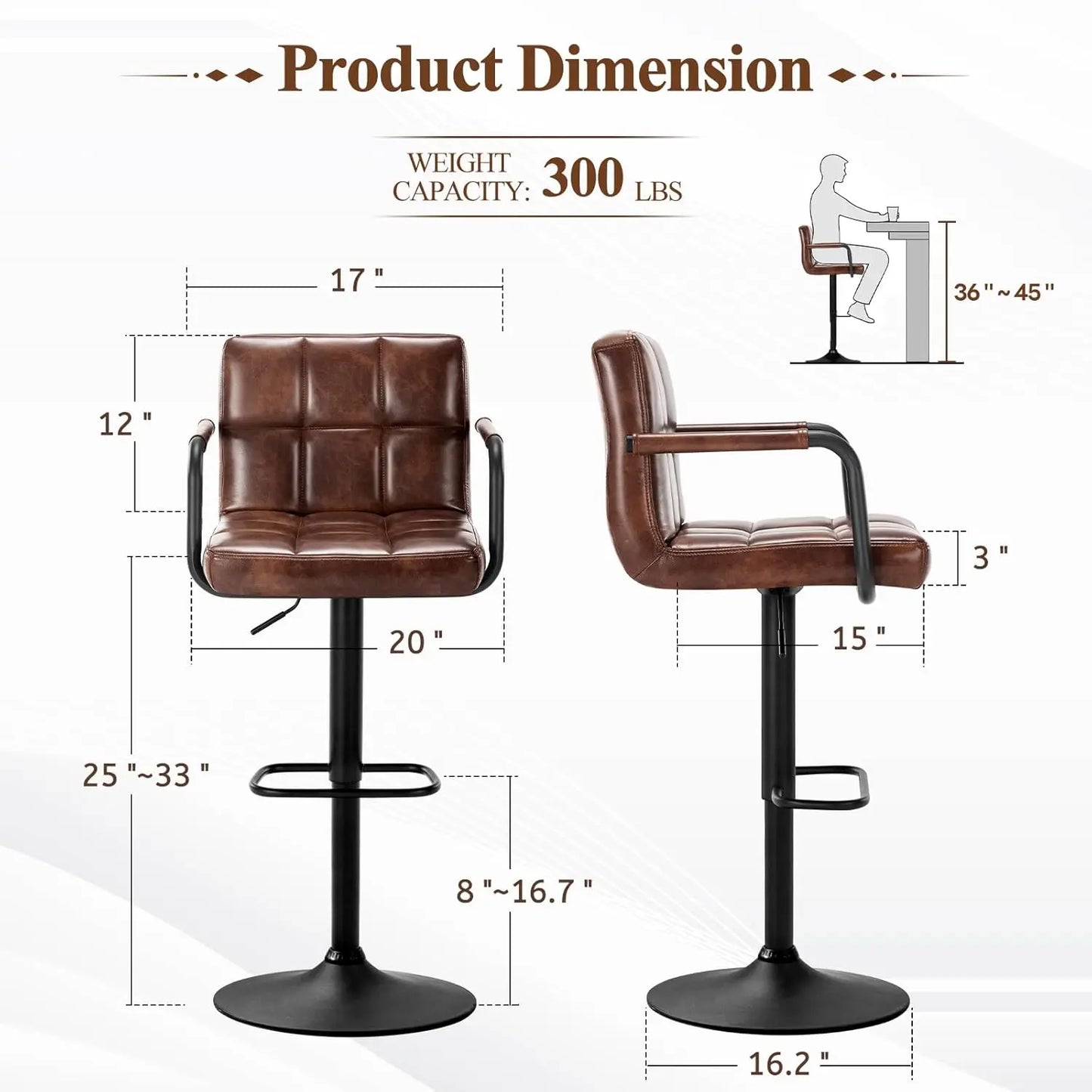 Swivel Bar Stools Set of 4, Adjustable Kitchen Counter Height with Arms, PU Leather Upholstered